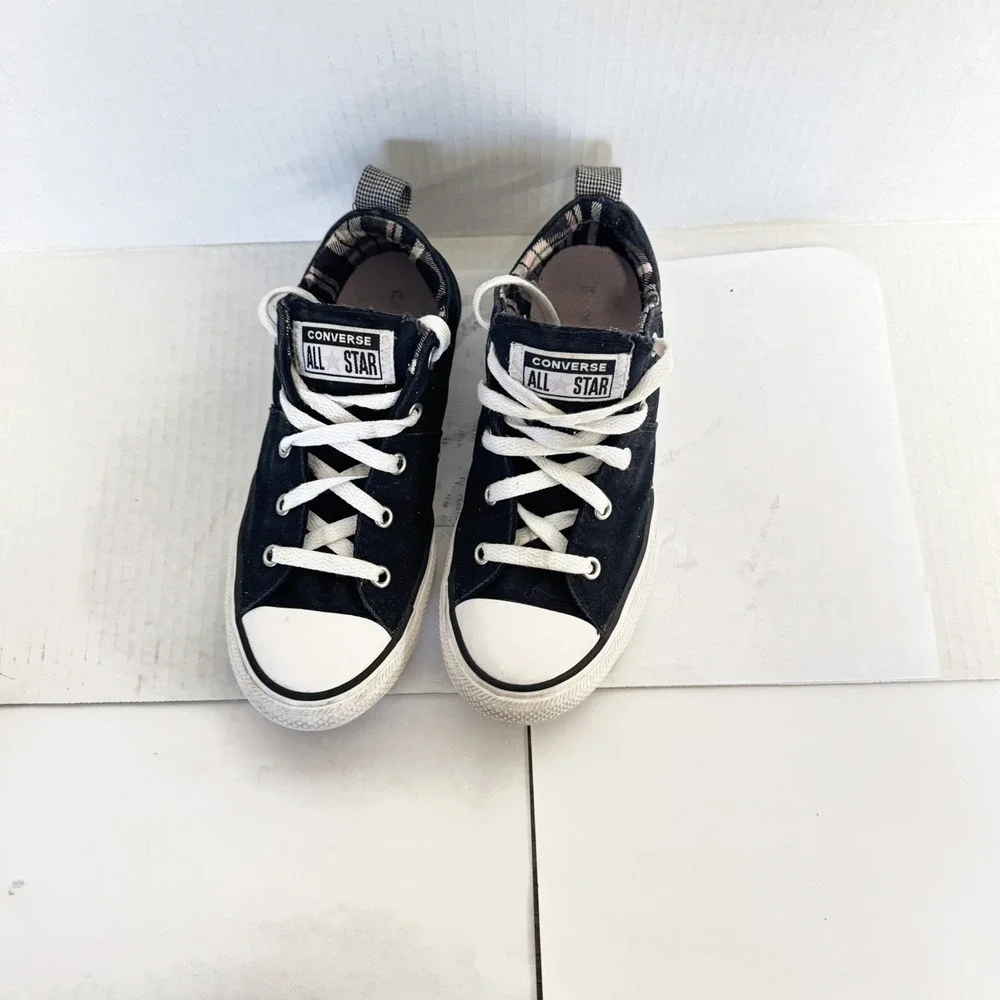 Youth Converse All Star Black With‎ Pink Plaid Trim Sneaker 3 US
